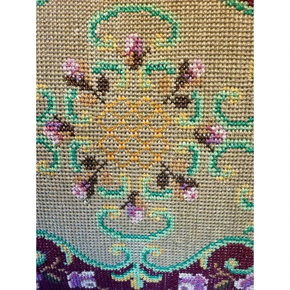 Vintage Floral Needlepoint Framed Picture Burgundy Pink‎ Yellow Green 19
